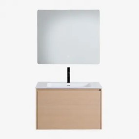 Conjunto De Móvel De Casa De Banho Suspenso Em Madeira Com Lavatório Integrado Jacob Madeira Natural & Led Retangular E Anti-embaciamento - Sklum
