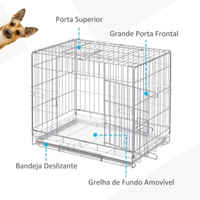 Gaiola Dobrável para Cães Gaiola Metálica 61x43x50cm Gaiola de Metal para Cães com Bandeja Amovível com Travão Prata e Branco