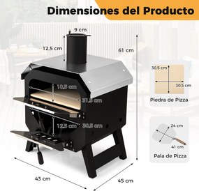 Forno para pizza ao ar livre com pedra para pizza, tabuleiro e tampa em aço inoxidável para campismo 45 x 43 x 61 cm Preto