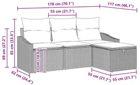 Conjunto de Sofá de Jardim de 4 Peças com Almofadas Rattan Castanho Po