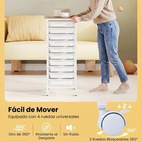 Carrinho de Arrumação com 10 Gavetas, 37 x 32,5 x 85 cm, Tampo de Madeira, Branco