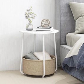 Mesa apoio, Mesa de cabeceira redonda 45 x 45 x 50,5 cm de 2 níveis com cesto de armazenamento em tecido pequena moderna Branca