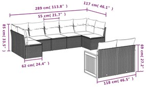 9 pcs conjunto de sofás p/ jardim c/ almofadões vime PE preto