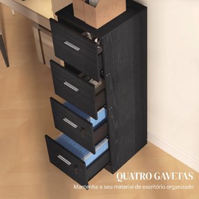 Bloco gavetas escritorio com 4 Gavetas Fechaduras e Barras Ajustáveis para Arquivo A4 e Letter 40x42x130,8 cm Preto