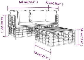 3 pcs conjunto lounge de jardim c/ almofadões vime PE antracite