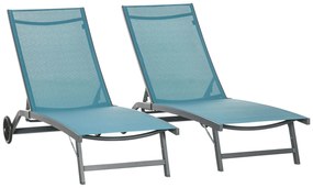 Outsunny Conjunto de 2 Espreguiçadeiras para Exterior com Encosto Ajustável em 5 Níveis e Rodas para Praia Piscina 165x66x102 cm Azul