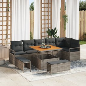 Conjunto de Sofá de Jardim vidaXL 9 Peças com Almofadas Cinza Rattan Acácia