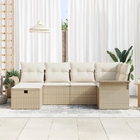 Conjunto de Sofá de Jardim 6 Peças com Almofadas Bege Rattan Poliéster