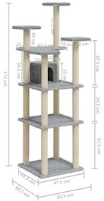 Árvore p/ gatos c/ postes arranhadores sisal 171 cm cinza-claro