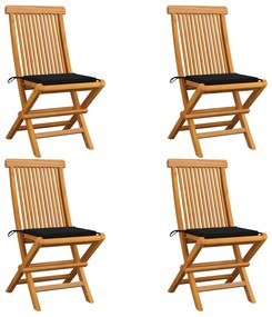 vidaXL Cadeiras de jardim c/ almofadões pretos 4 pcs teca maciça