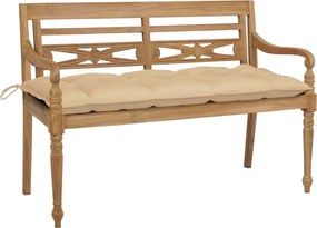 vidaXL Banco Batávia c/ almofadão bege 120 cm teca maciça