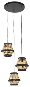 Candeeiro de suspensão oriental em bambu com 3 luzes redondas pretas - Evalin Oriental