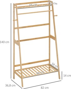 Guarda roupa com 2 prateleiras, 2 ganchos e 1 barra de suspensão em bambu - 82 x 36,8 x 140 cm