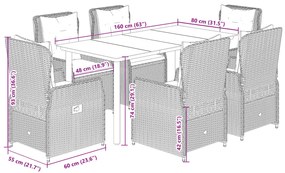 7 pcs conj. jantar p/ jardim c/ almofadões vime PE cinza-claro