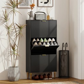Sapateira com capacidade para 18 pares 60 x 24 x 122,5 cm, com 3 gavetas rebatíveis, portas caneladas e prateleiras ajustáveis, preto