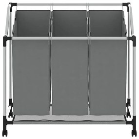 Cesto para roupa suja com rodas 3 compartimentos cinzento