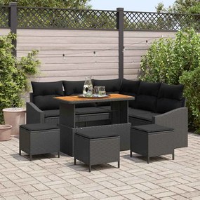 vidaXL Conjunto de Sofá de 9 Peças com Almofadas Preto Rattan Poliéster Acácia