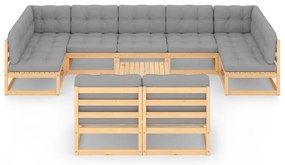 10 pcs conjunto lounge de jardim c/ almofadões pinho maciço