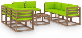 9 pcs conjunto lounge para jardim c/ almofadões verde brilhante