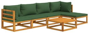 6 pcs conj. lounge jardim madeira c/almofadões verdes