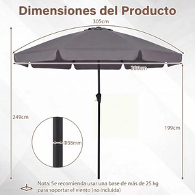 Guarda sol de Jardim, 286 x 286 x 249 cm, Inclinação Bidirecional, Cinzento