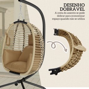 Cadeira Suspensa com Suporte Cesto Dobrável Almofada e Apoio de Cabeça para Interior e Exterior Capacidade 120 kg Bege