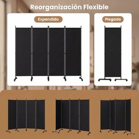 Biombo  Separador de Espaço Dobrável, 221 x 35,5 x 173 cm, 4 Painéis com Rodas Bloqueáveis, Preto