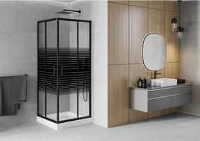 Mexen Rio cabine de duche quadrada 80 x 80 cm, riscas pretas, preto + base de duche, branco - 860-080-080-70-20-4510