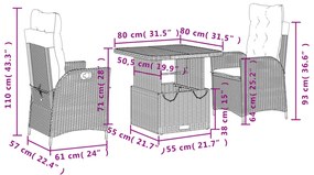 3 pcs conjunto de jantar p/ jardim c/ almofadões vime PE cinza