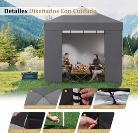 Tenda Dobrável para Exterior, 300 x 300 x 284 cm, Paredes Laterais Removíveis, Cinzento