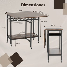 Mesa de jantar 80 x 75 x 75 cmdobrável e extensível com rodas, tampo rebatível, suporte para garrafas e estante de arrumação para espaços reduzidos, C