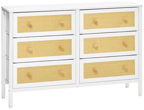 HOMCOM Cómoda Moderna com 6 Gavetas de Tecido Dobráveis  com Superfície de Vime PE e Estrutura de Aço 120x30x83 cm Branco