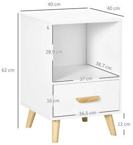 Mesa de Cabeceira Mesa Auxiliar Moderna com 1 Gaveta e Compartimento de Armazenamento para Dormitório Sala de Estar 40x40x62cm Branco e Madeira