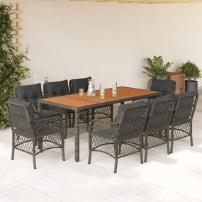vidaXL 9 pcs conjunto de jantar p/ jardim c/ almofadões vime PE cinza