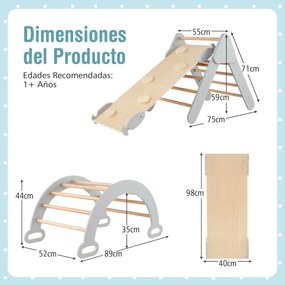 Triângulo de escalada de madeira 3 em 1 para crianças Conjunto de escalada com triângulo/arco/rampa para deslizamento ou escalada Cinzento
