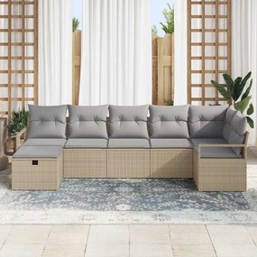 Conjunto de Sofá para Jardim de 7 Peças com Almofadas Bege Vime PE