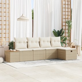 Conjunto de Sofá de Jardim com 5 Peças e Almofadas Bege de Rattan