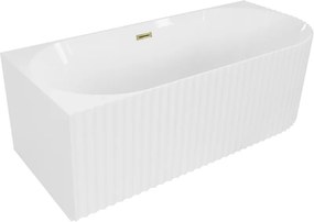 Mexen Gia banheira independente de canto estriada esquerda 170 x 80 cm, branco brilhante, transbordamento dourado