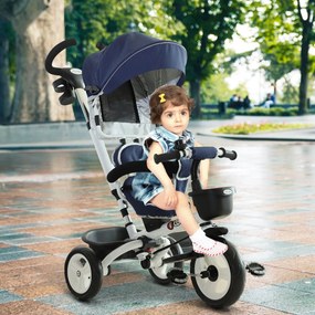 HOMCOM Triciclo de Bebé 4 em 1 para Crianças +18 Meses Assento Giratório Capota Barra Desmontável Controlo Parental Azul