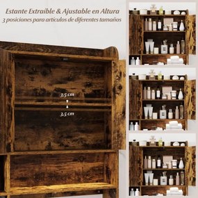 Estante casa de Banho para sanita com armarios de 2 portas, 6 compartimentos, gancho para lenços e prateleira ajustável castanho