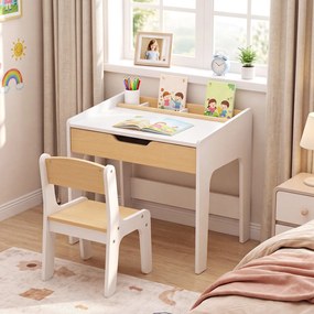 Conjunto de Mesa e Cadeira Infantil, 60 x 48 x 56 cm, Com Gaveta e Compartimentos de Arrumação, Natural e Branco