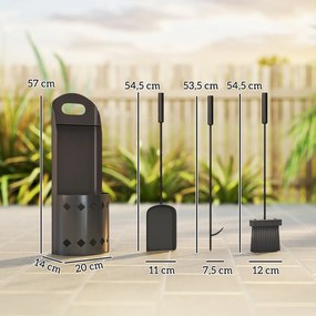 Conjunto de 4 peças para lareira, acessórios e utensílios para lareira com vassoura, pá, atiçador e suporte, em metal preto