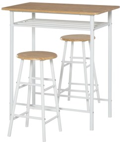 HOMCOM Conjunto de Móvel Bar com Mesa Alta e 2 Bancos com Prateleira de Armazenamento e Estrutura de Metal 80x50x90cm Branco e Madeira