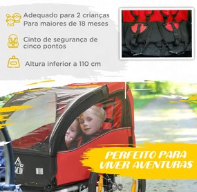 Reboque de Bicicleta para Crianças acima de 18 Meses com 2 Lugares com Cinto de Segurança e Armazenamento 140x88x90cm Vermelho