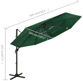 Guarda-sol de jardim 4 camadas c/ poste de alumínio 3x3 m verde
