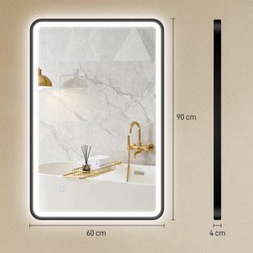 Espelho de casa de banho com iluminação, 90 x 60 cm, espelho LED de parede, antiembaciamento, 3 cores de luz, intensidade regulável, preto
