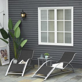 Conjunto de 2 espreguiçadeiras de design contemporâneo com mesa de centro com tampo em vidro temperado, metal com revestimento epóxi e textilene cinze