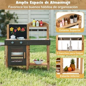 Cozinha Ar Livre para Crianças com Quadro Preto Fogões Pia Torneira Forno Acessórios de Cozinha e Prateleiras cor Natural