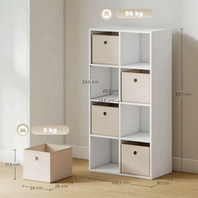 Estante Cubo Estante de Armazenamento Horizontal ou Vertical com 8 Compartimentos e 4 Gavetas de Tecido 53,7x30x79,8 cm Branco e Bege