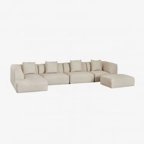 Sofá Modular Chaise Longue Esquerdo De 4 Peças Com Puff Estofado Cardea Bouclé Bege Creme - Sklum